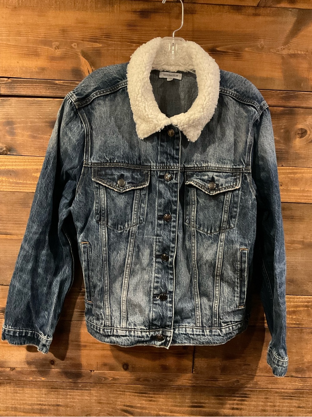 Good American Women’s Denim Jean Jacket with Sherpa Collar Oversized M/L